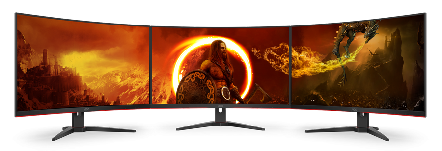 Three Gaming Monitor C32G2ZE are lined together to show a big game scene where a man is looking far away with a shield in his right hand.